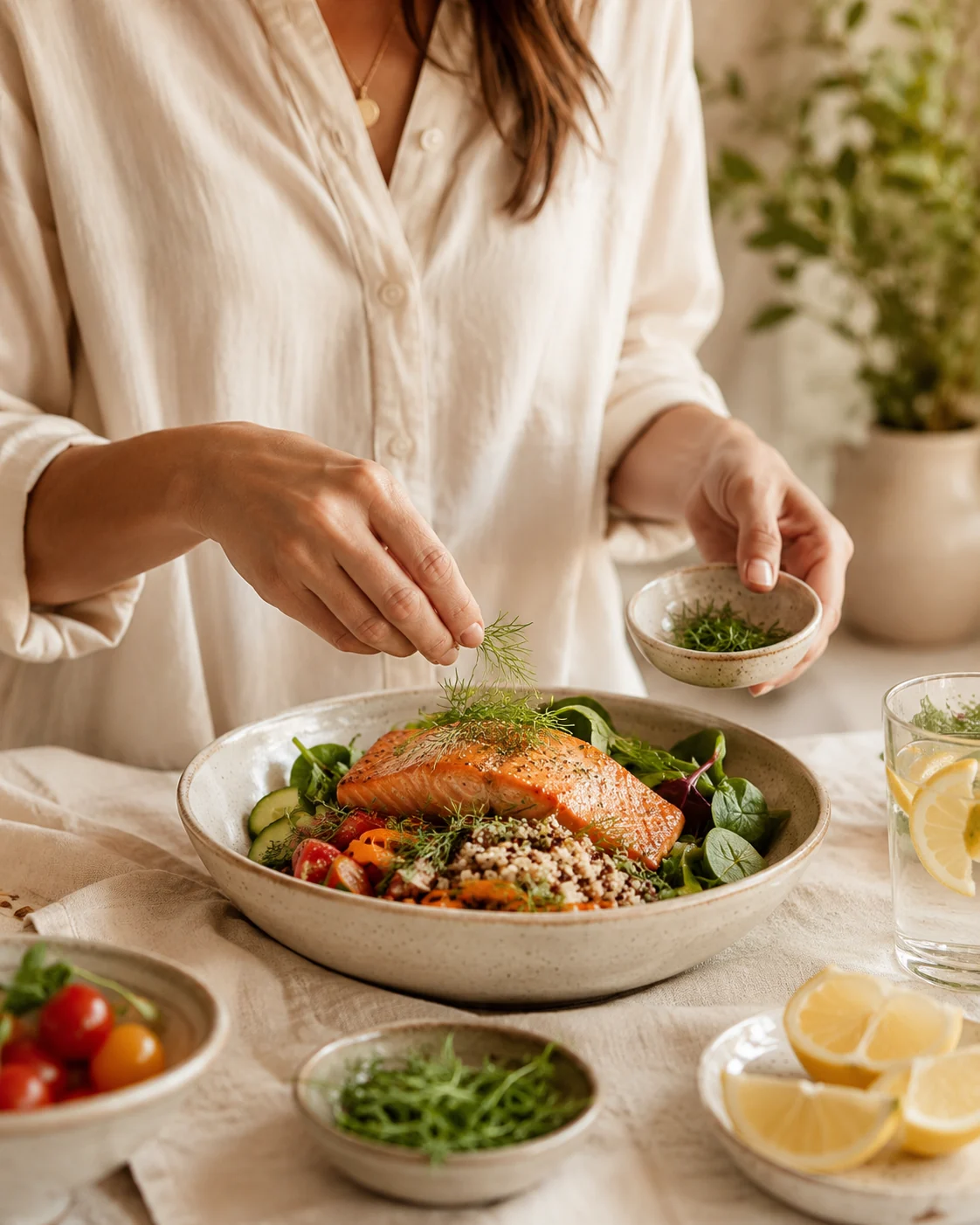 Mulher finalizando prato com salmão, quinoa, vegetais frescos e ervas em mesa iluminada.